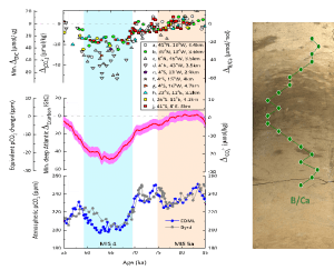 深海氧同位素阶段4和5过渡期(MIS 5-4)海洋-大气碳收支(Yu et al., 2016, Nature Geoscience)。当气候进入冰期,埋藏在深海的碳降低了海水的pH值,也导致海底碳酸盐是溶解(暗色沉积物)(右侧)。有孔虫等微壳体的B/Ca比值可用来定量估算深海碳埋藏通量。