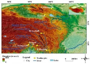 云、冷杉树线调查样地在青藏高原的分布图