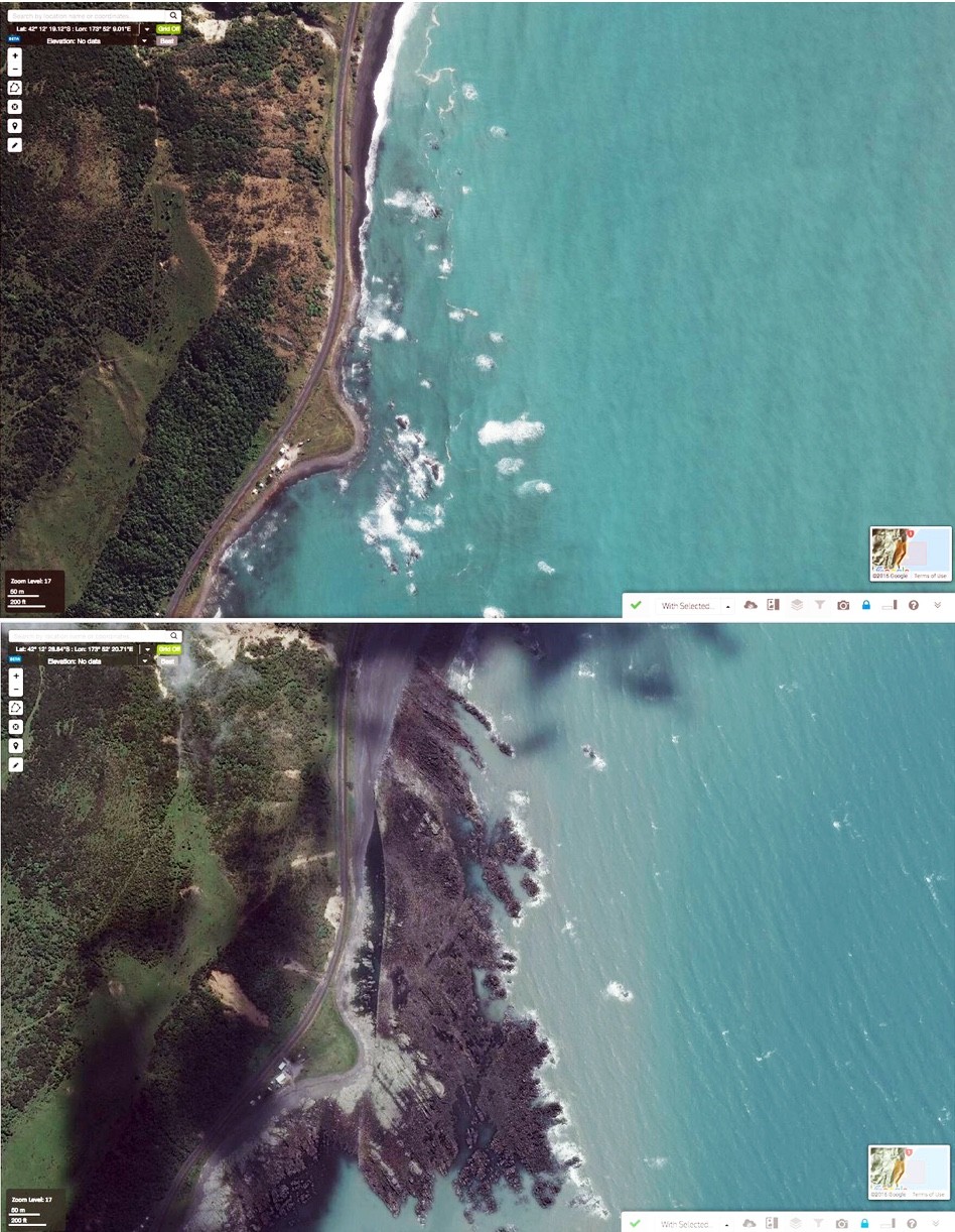 图10:Waipapa海湾地震前(上图)与地震后(下图)的Worldview-2高精度卫星影像对比,显示东侧海床被抬升约2-3米(来源:Ryan Gold)