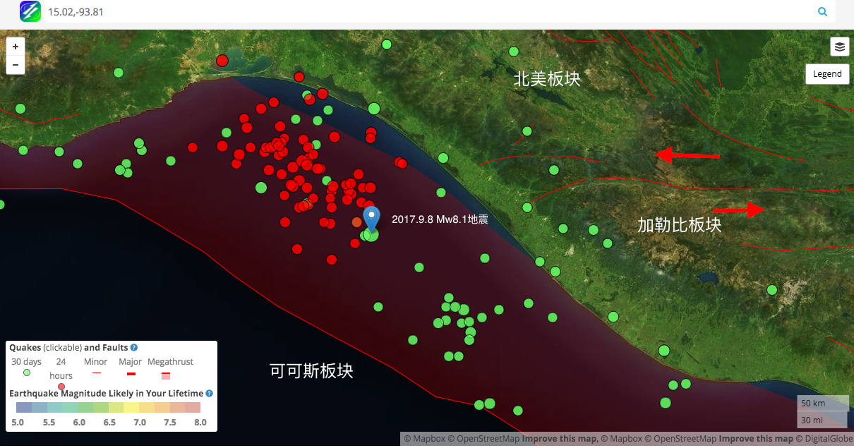 再来看看这个地区地表的断层分布,如下图,北美板块和加勒比板块之间的