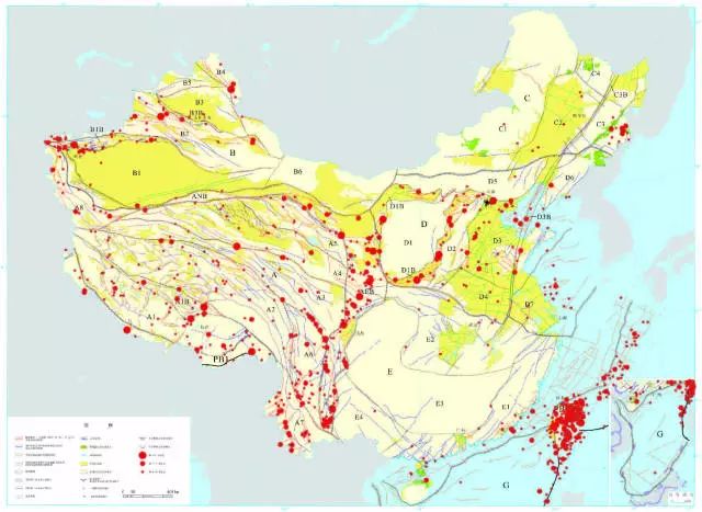 中国活动断层与地震分布简图 图中字母代表构造分区(邓起东,2002)