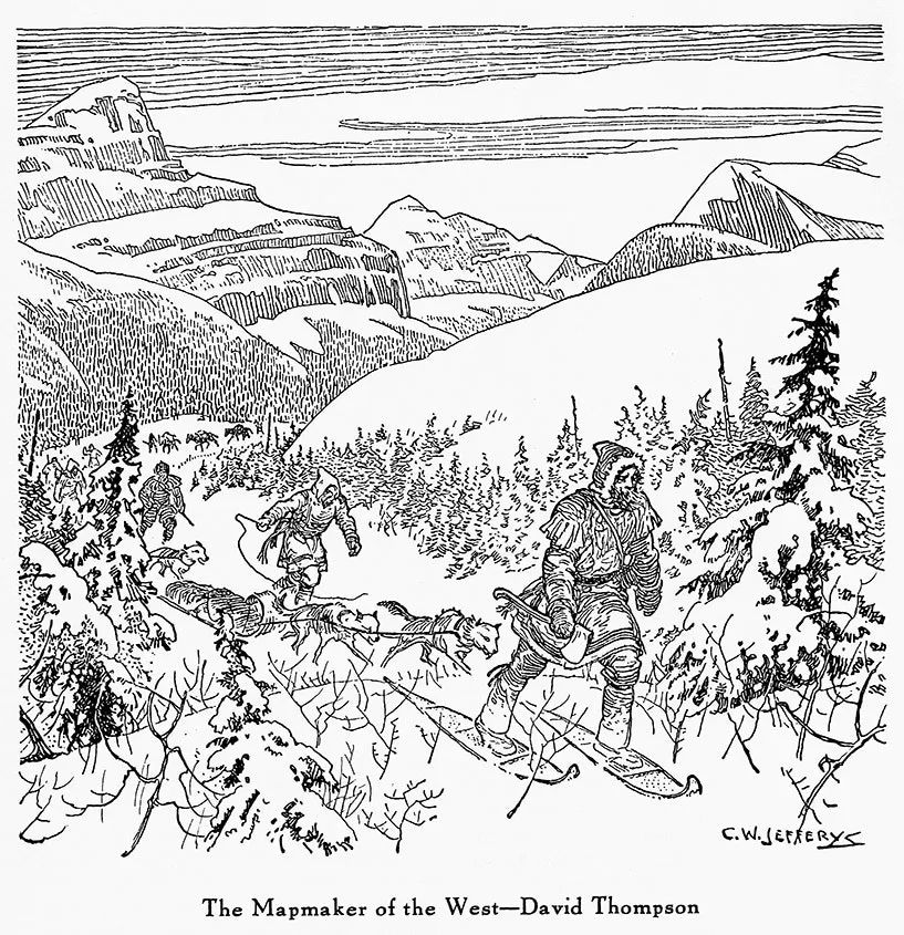 素描:大卫汤姆森考察落基山Athabasca垭口(作者: Jefferys,Charles William; Library and Archives Canada)