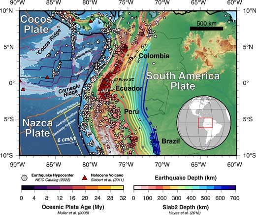 西北南美俯冲带构造与地震活动(Rodríguez et al. 2023 图1)